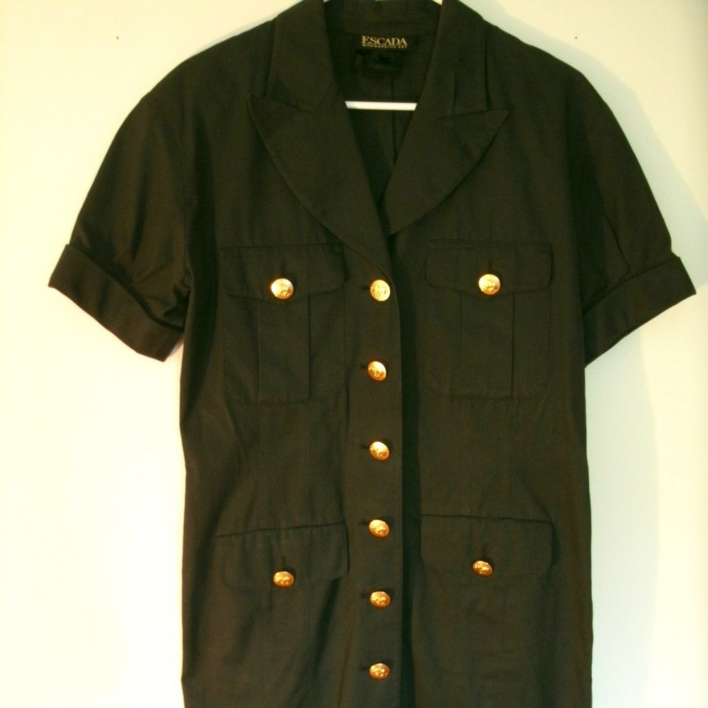 Vintage Escada Cargo Shirt Dress Black Gold Elephant Buttons 90s Size 36